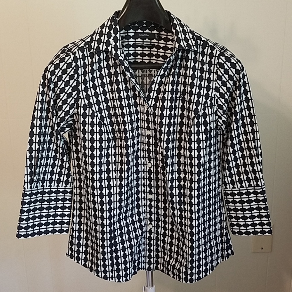 Nautica Navy & White Button Down Blouse